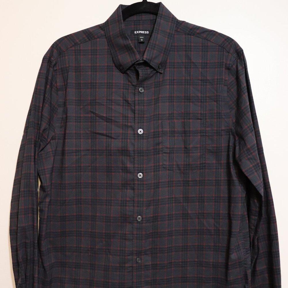Express Button Down Shirt Plaid Black Red Size L